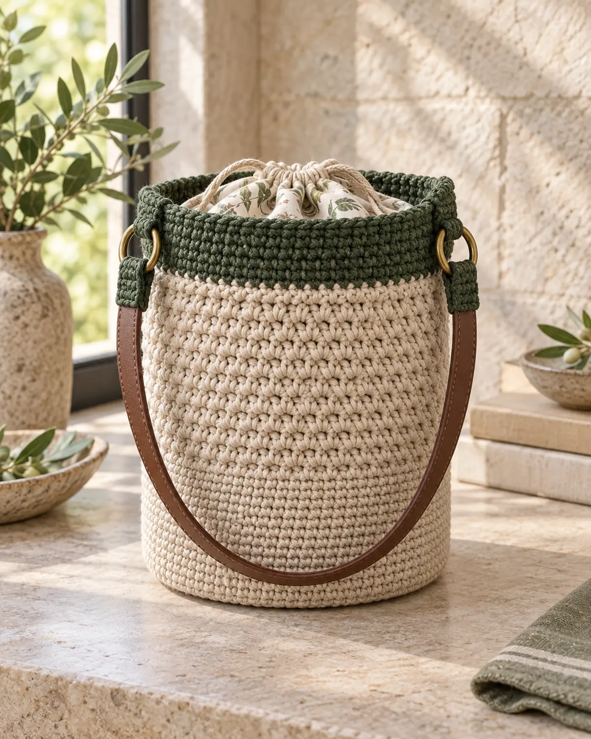 Finished oatmeal crochet bucket bag with a forest-green upper band, drawstring lining, brass rings, and brown shoulder strap.