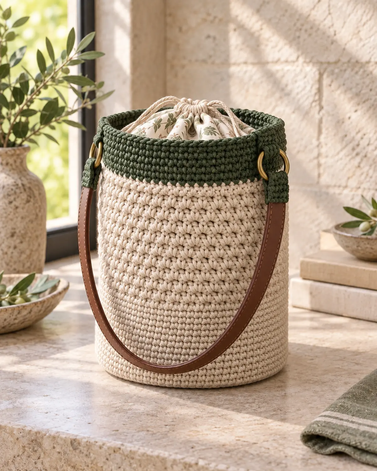 Completed oatmeal and forest-green crochet bucket bag with gathered floral lining and brown shoulder strap.