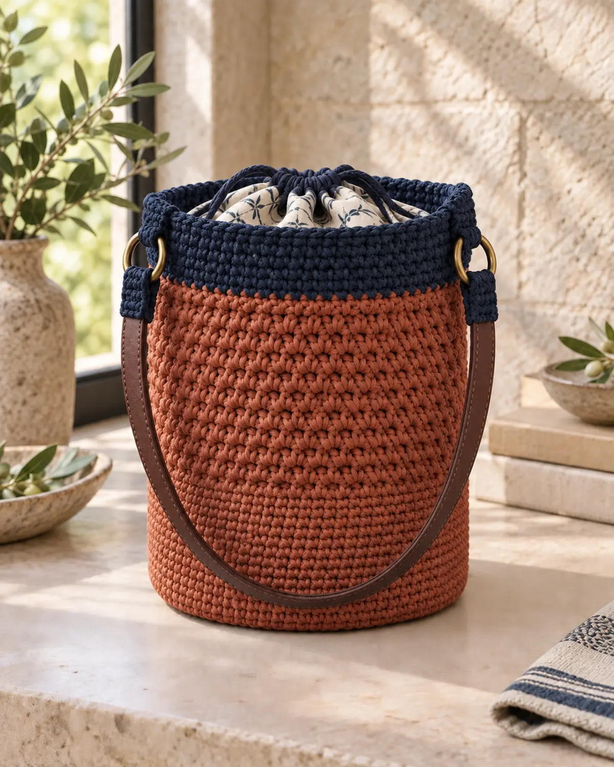 Finished terracotta crochet bucket bag with a navy upper band, patterned lining, brass rings, and brown strap.