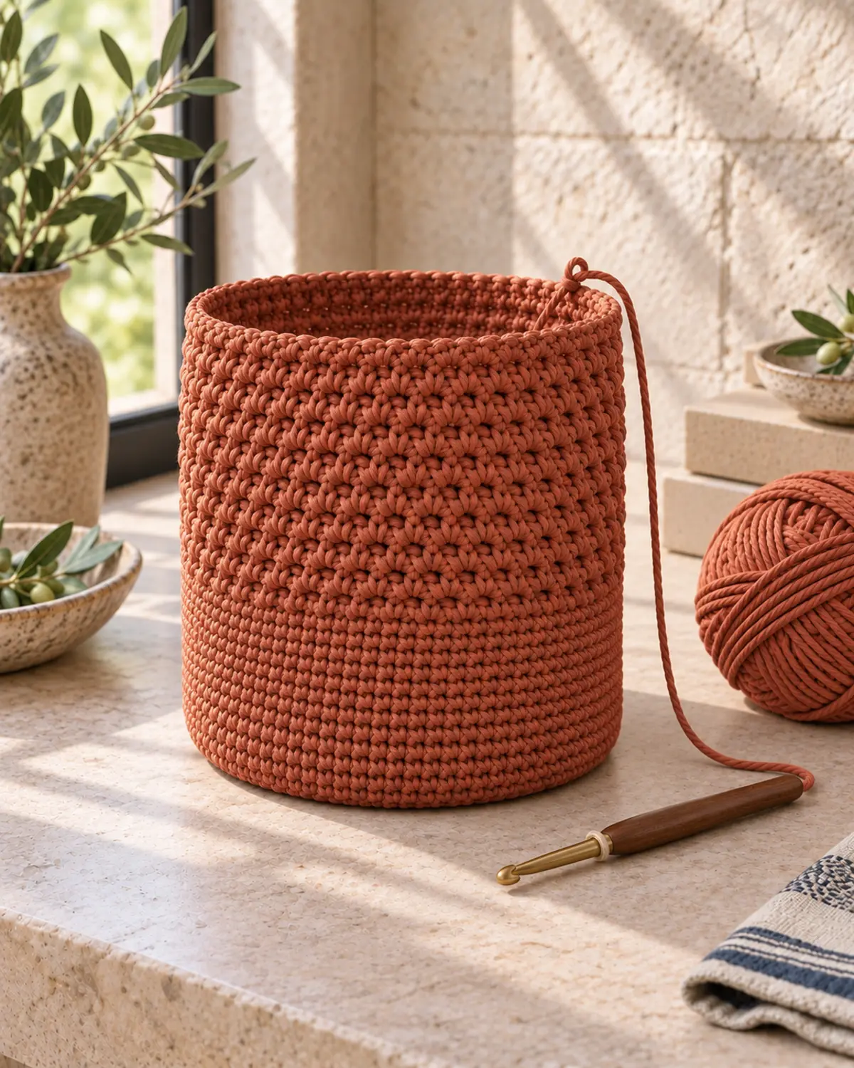 Partially completed terracotta bucket bag with dense lower rounds and a raised textured sidewall.