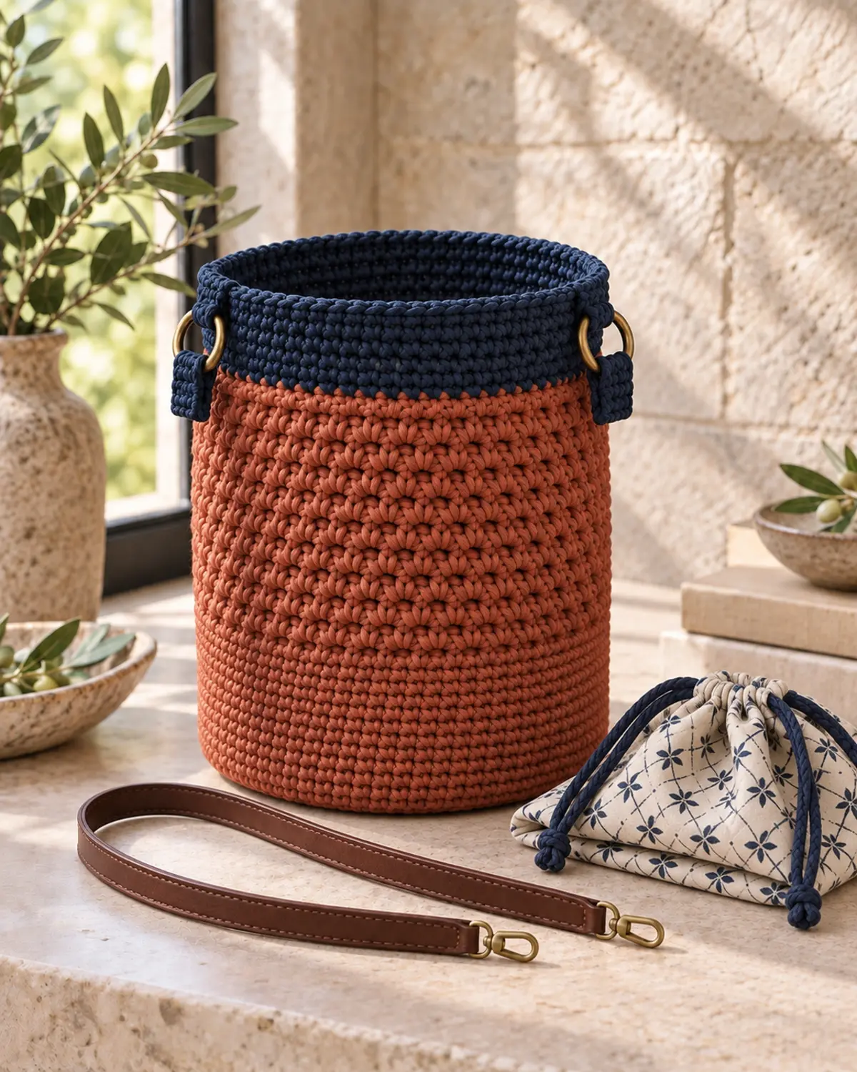 Nearly completed terracotta crochet bucket bag with a navy upper band, brass rings, lining, and strap awaiting assembly.
